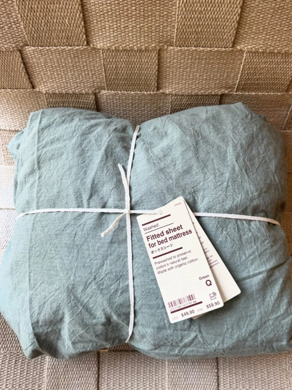 Muji washed cotton fitted sheets sage green bedding - queen NWT